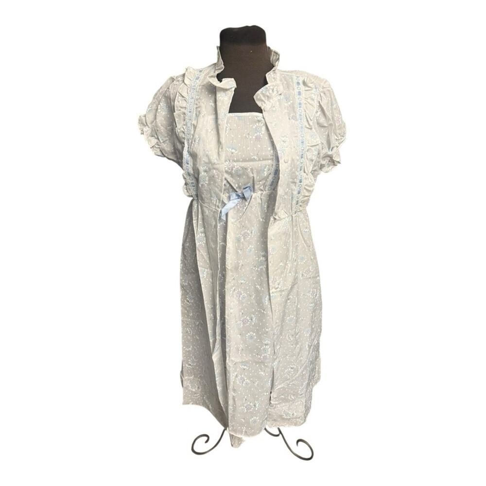 Vintage Ballet Nightgown & Robe Set Floral Blue Lace Cottagecore Size S Coquette